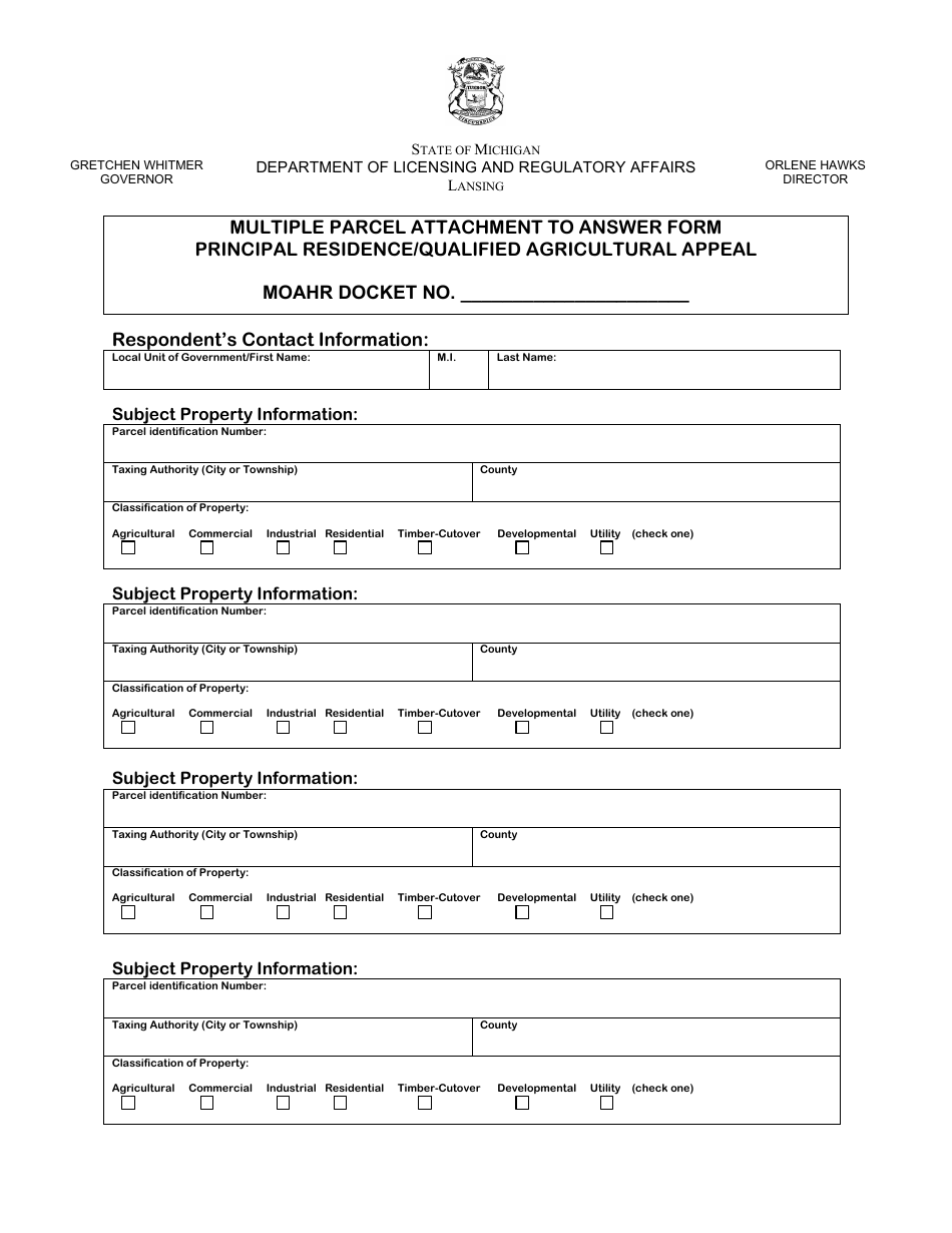 Michigan Multiple Parcel Attachment to Answer Form - Principal ...