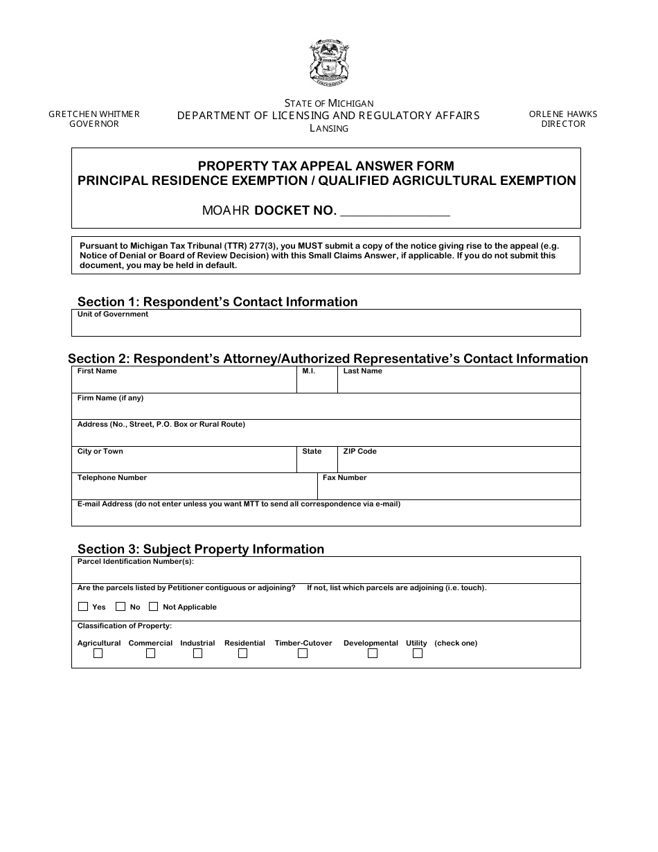Michigan Property Tax Appeal Answer Form Principal Residence