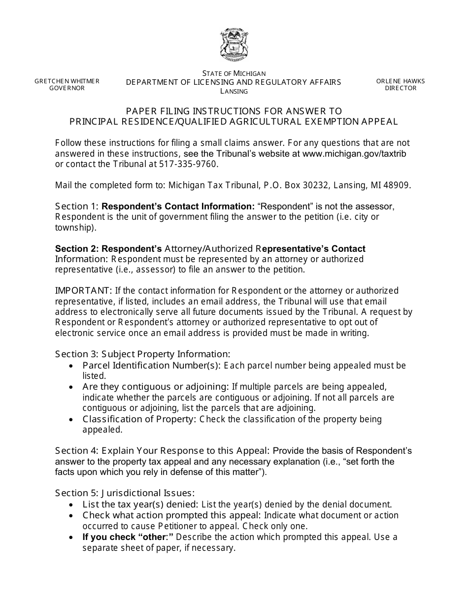 Michigan Property Tax Appeal Answer Form Principal Residence