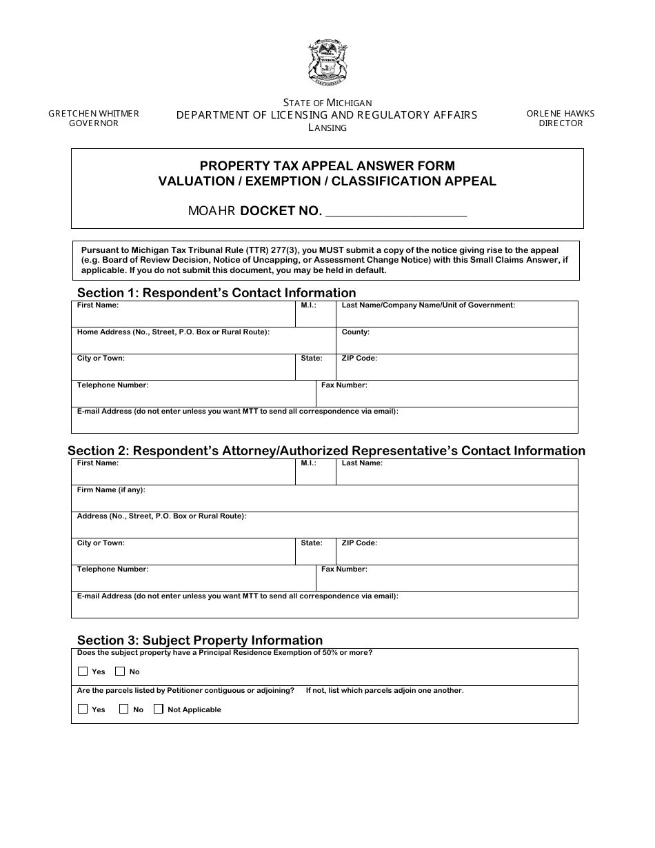 Michigan Property Tax Appeal Answer Form Valuation/Exemption