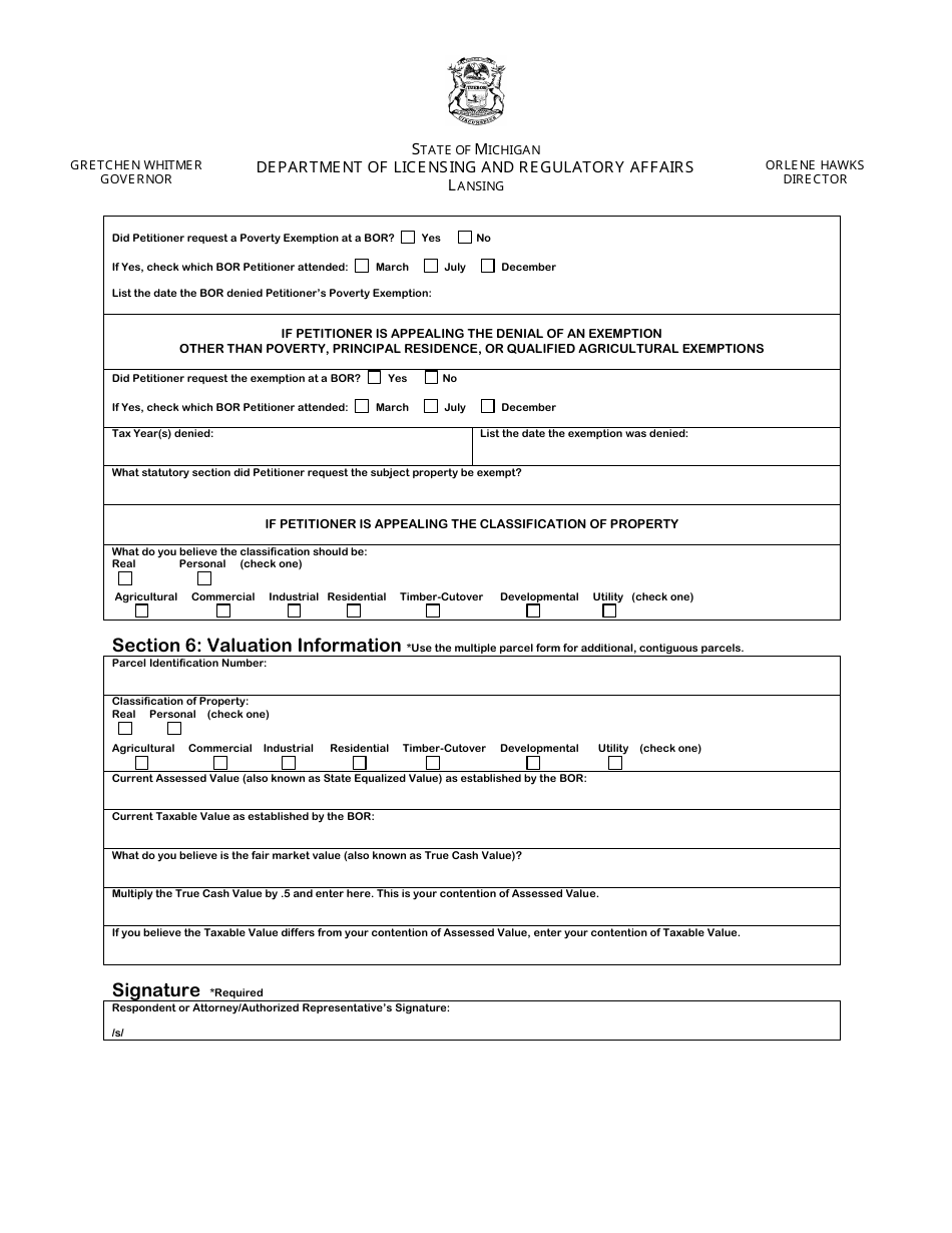 Michigan Property Tax Appeal Answer Form Valuation/Exemption
