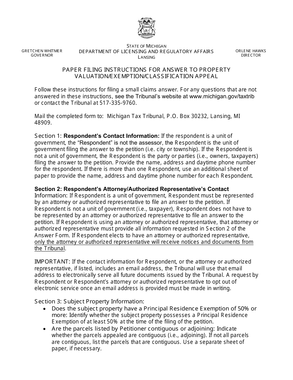 Michigan Property Tax Appeal Answer Form Valuation/Exemption/Classification Appeal Download