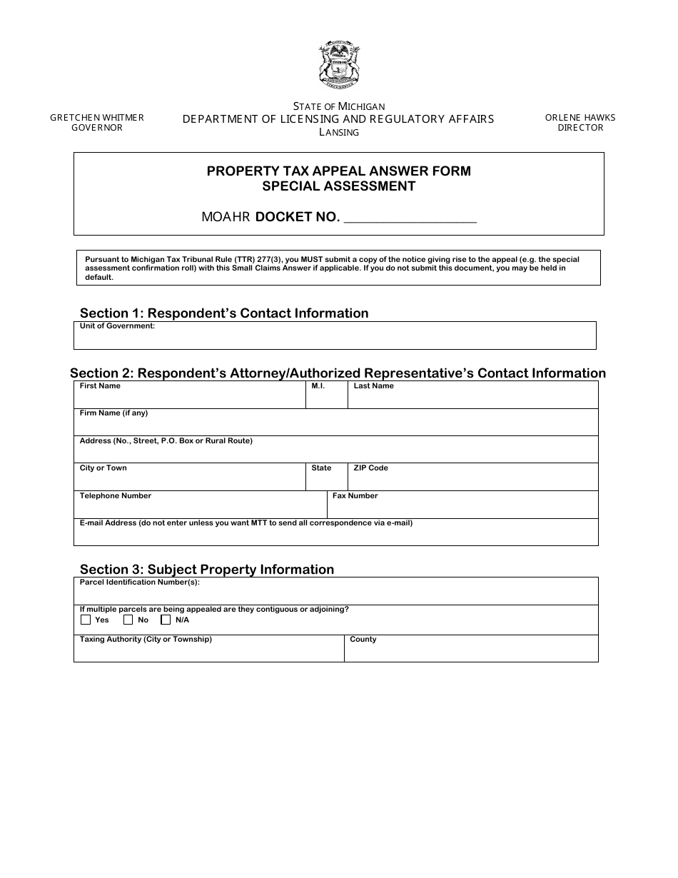 Property Tax Appeal Answer Form - Special Assessment - Michigan, Page 1