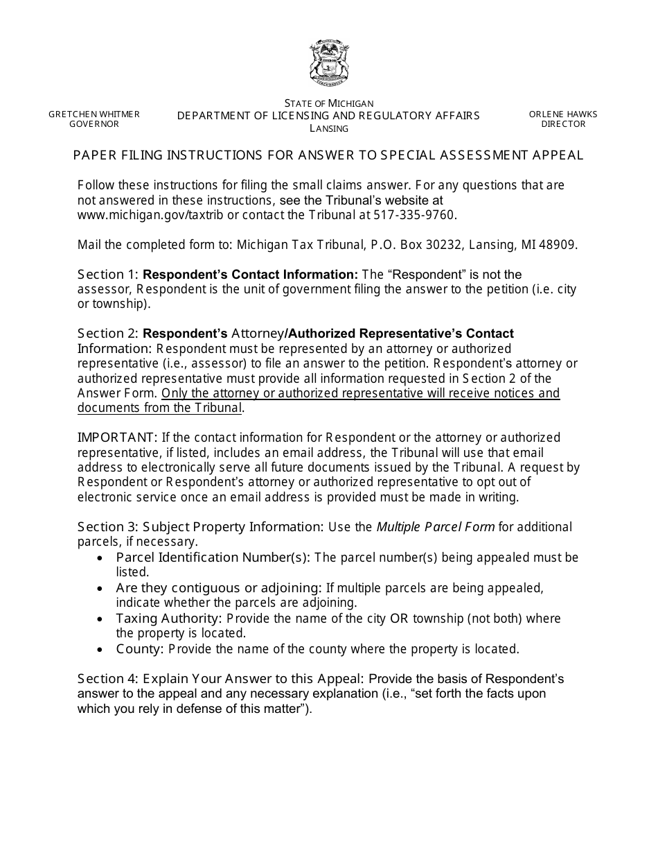 Michigan Property Tax Appeal Answer Form Special Assessment Fill