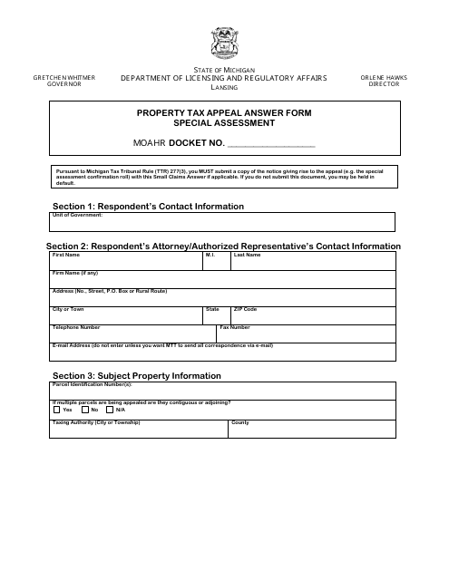 Property Tax Appeal Answer Form - Special Assessment - Michigan