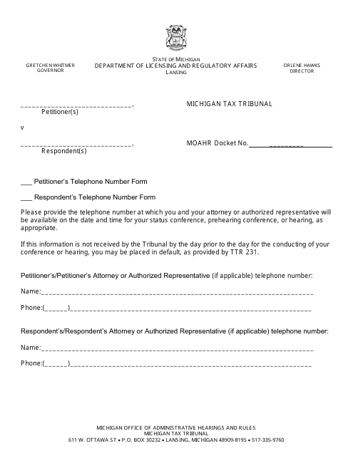 Telephone Number Notification Form - Michigan