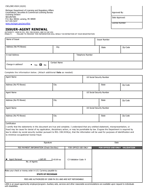 Form CSCL/SEC-0524 Issuer-Agent Renewal - Michigan