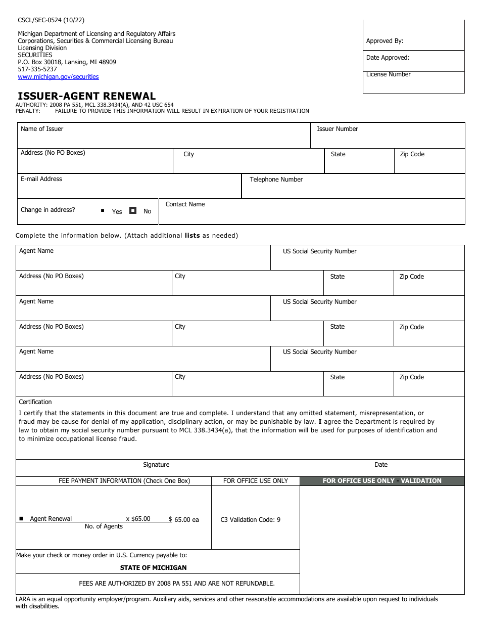 Form CSCL / SEC-0524 Issuer-Agent Renewal - Michigan, Page 1