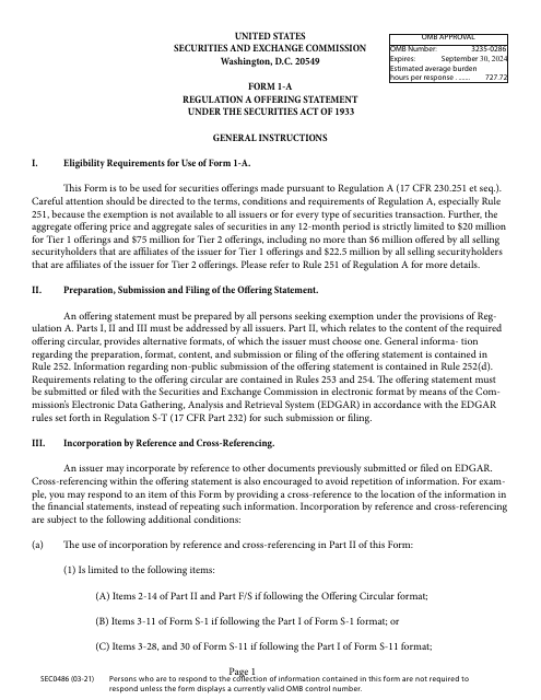 Form 1-A (SEC Form 0486)  Printable Pdf