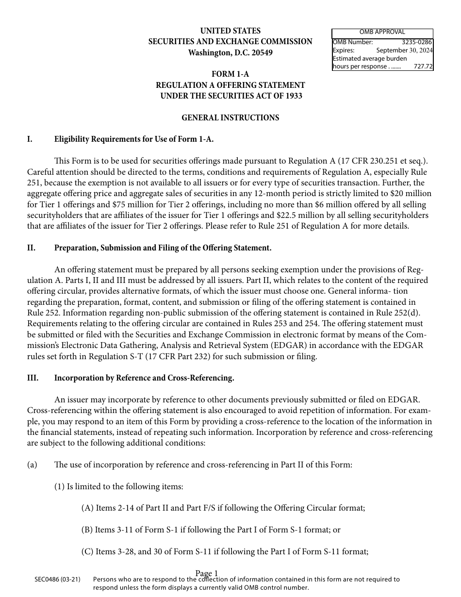 Form 1 A SEC Form 0486 Download Printable PDF Or Fill Online 