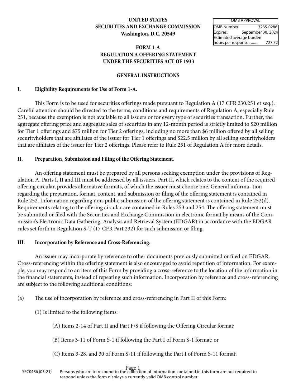 Form 1-A (SEC Form 0486) Regulation a Offering Statement Under the Securities Act of 1933, Page 1