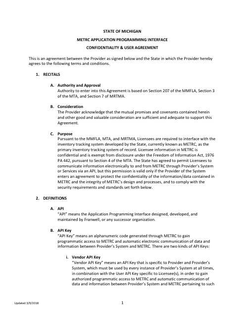 Metrc Application Programming Interface Confidentiality & User Agreement - Michigan Download Pdf