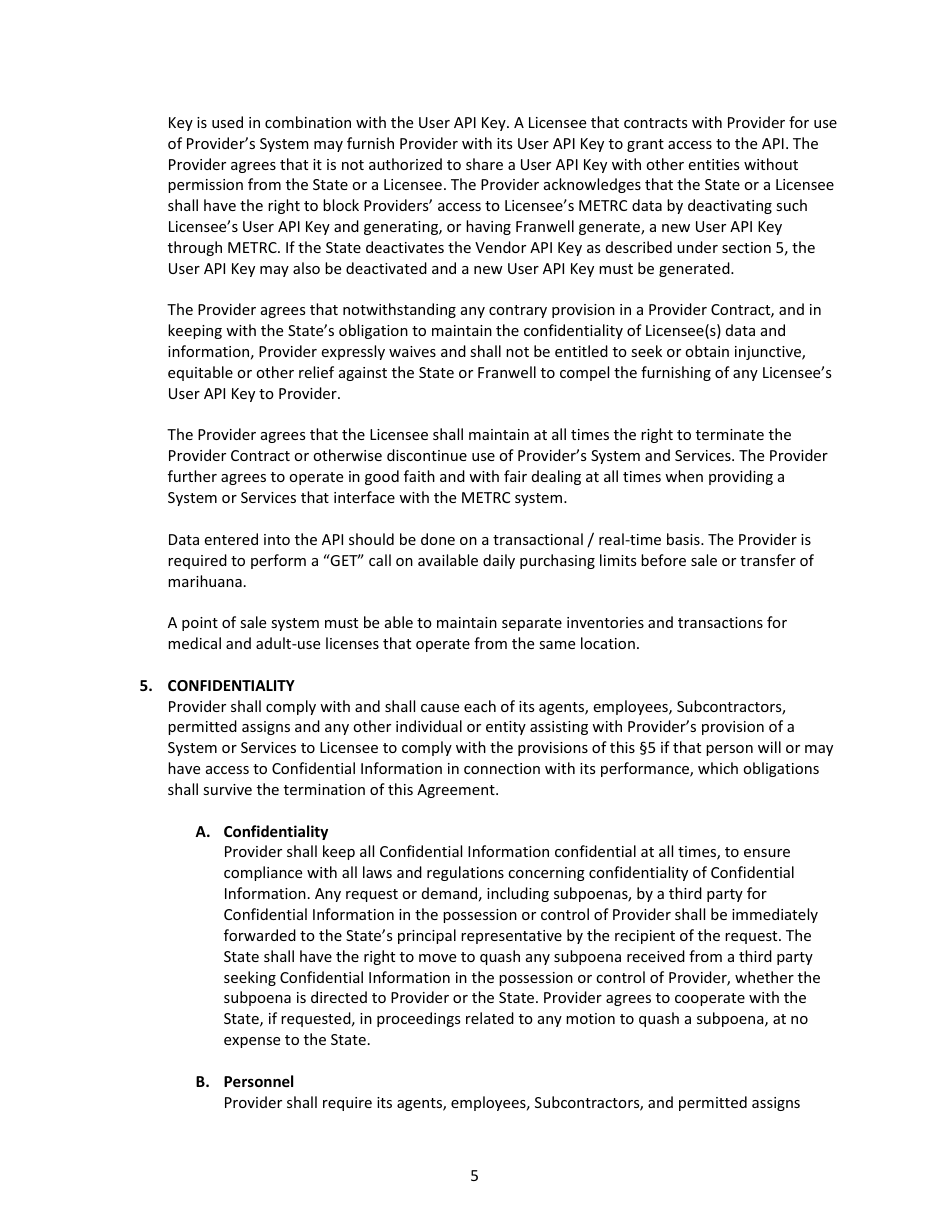 Metrc Application Programming Interface Confidentiality  User Agreement - Michigan, Page 5