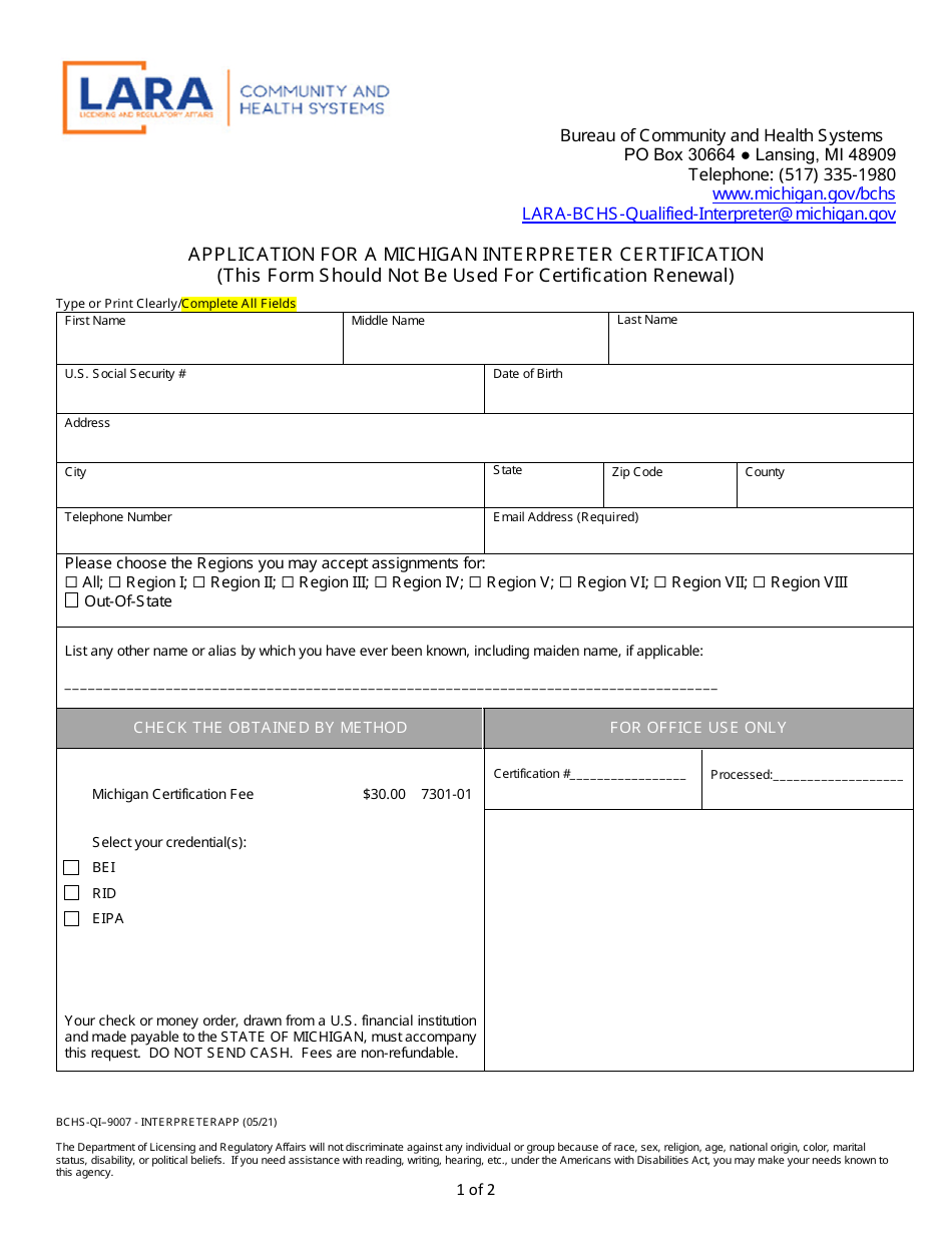 Form BCHS-QI-9007 Application for a Michigan Interpreter Certification - Michigan, Page 1