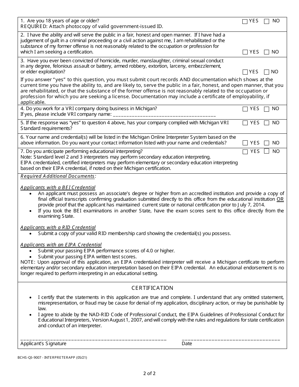 Form BCHS-QI-9007 Application for a Michigan Interpreter Certification - Michigan, Page 2