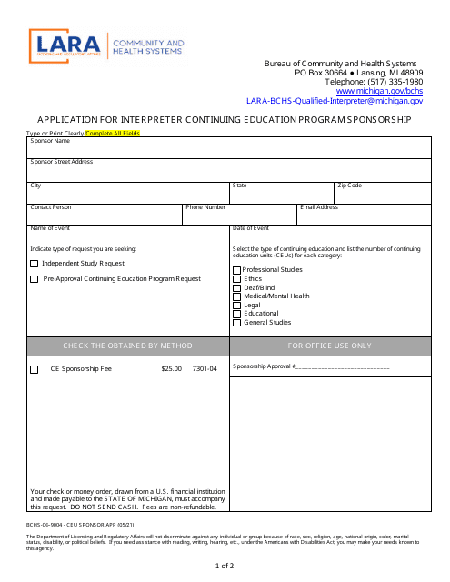 Form BCHS-QI-9004  Printable Pdf
