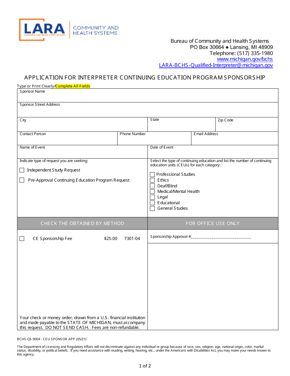 Form BCHS-QI-9004 Application for Interpreter Continuing Education Program Sponsorship - Michigan, Page 1