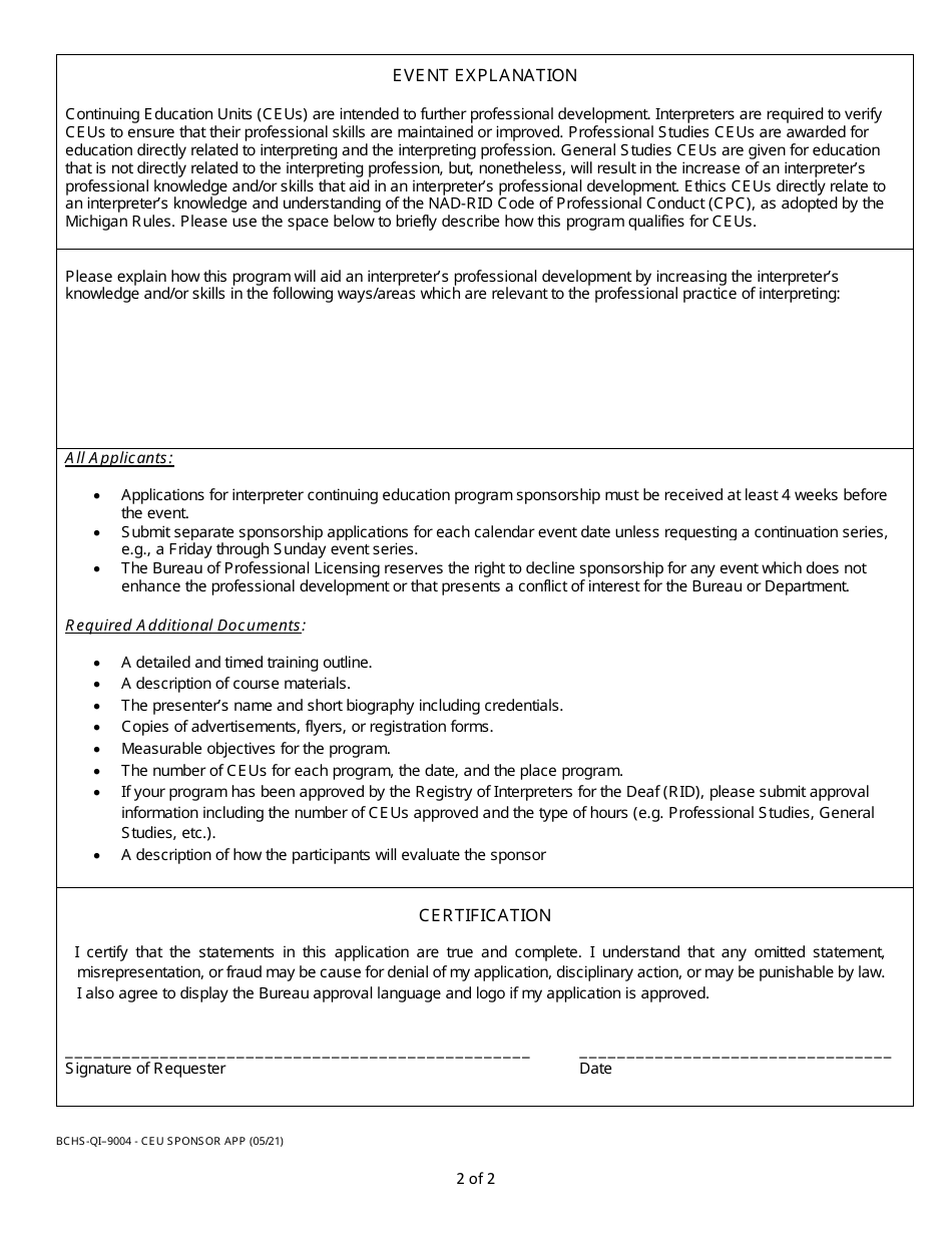 Form BCHS-QI-9004 Application for Interpreter Continuing Education Program Sponsorship - Michigan, Page 2