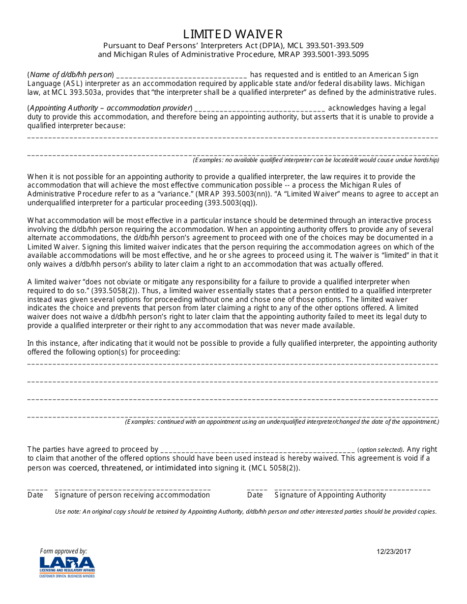 Limited Waiver - Michigan, Page 1