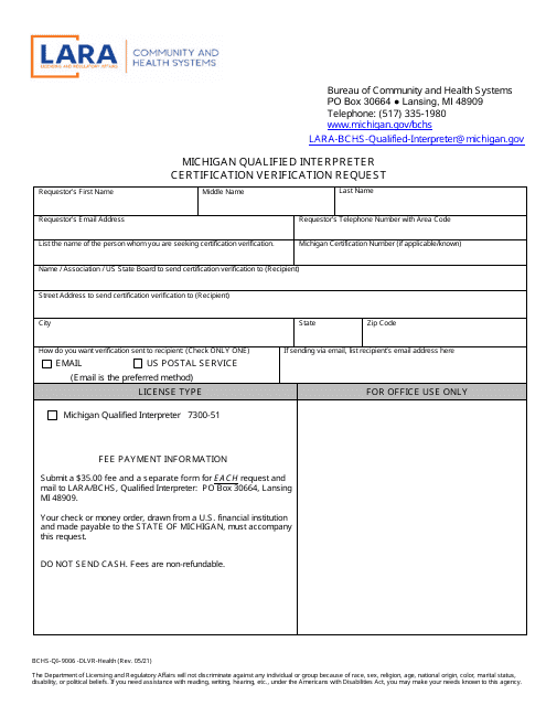 Form BCHS-QI-9006 Michigan Qualified Interpreter Certification Verification Request - Michigan