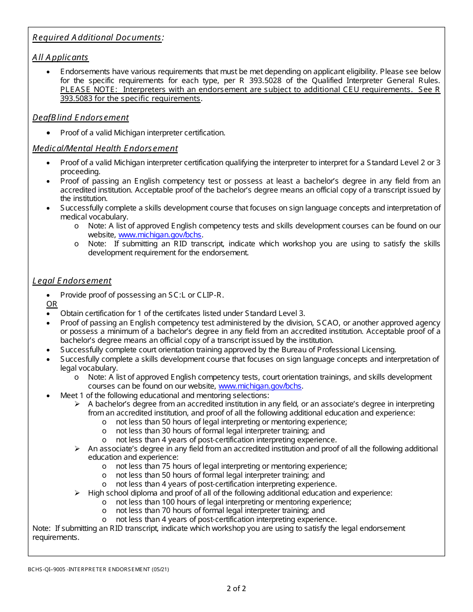 Form BCHS-QI-9005 Michigan Interpreter Endorsement Application - Michigan, Page 2