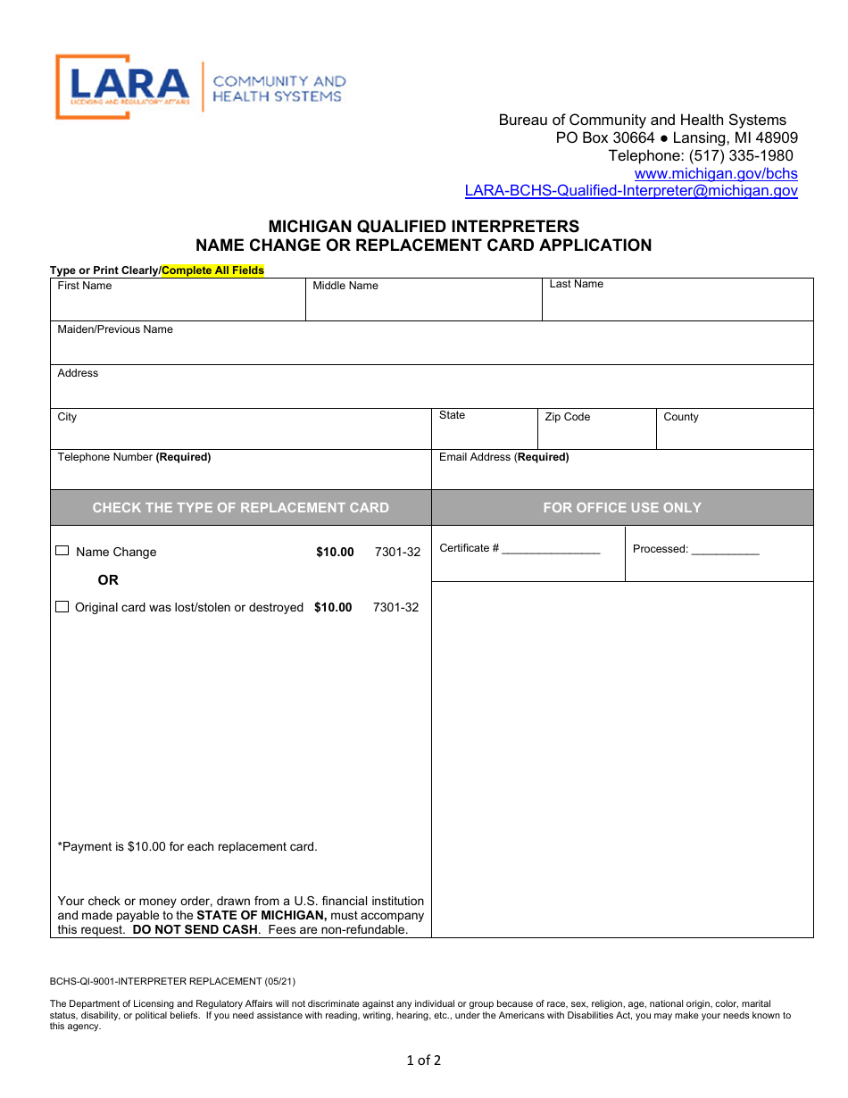 Form BCHS-QI-9001 Michigan Qualified Interpreters Name Change or Replacement Card Application - Michigan, Page 1
