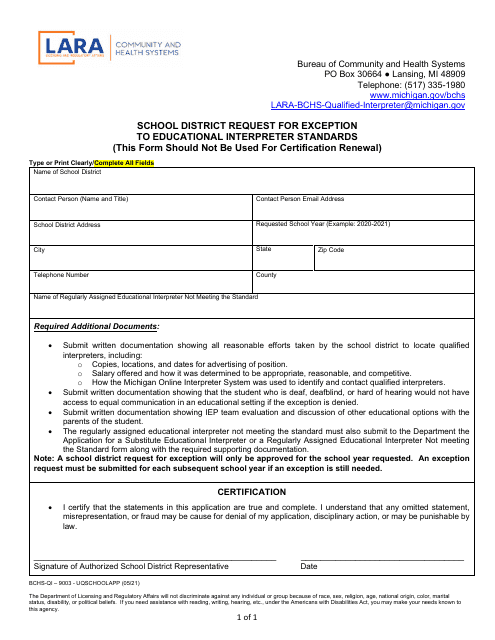 Form BCHS-QI-9003 School District Request for Exception to Educational Interpreter Standards - Michigan