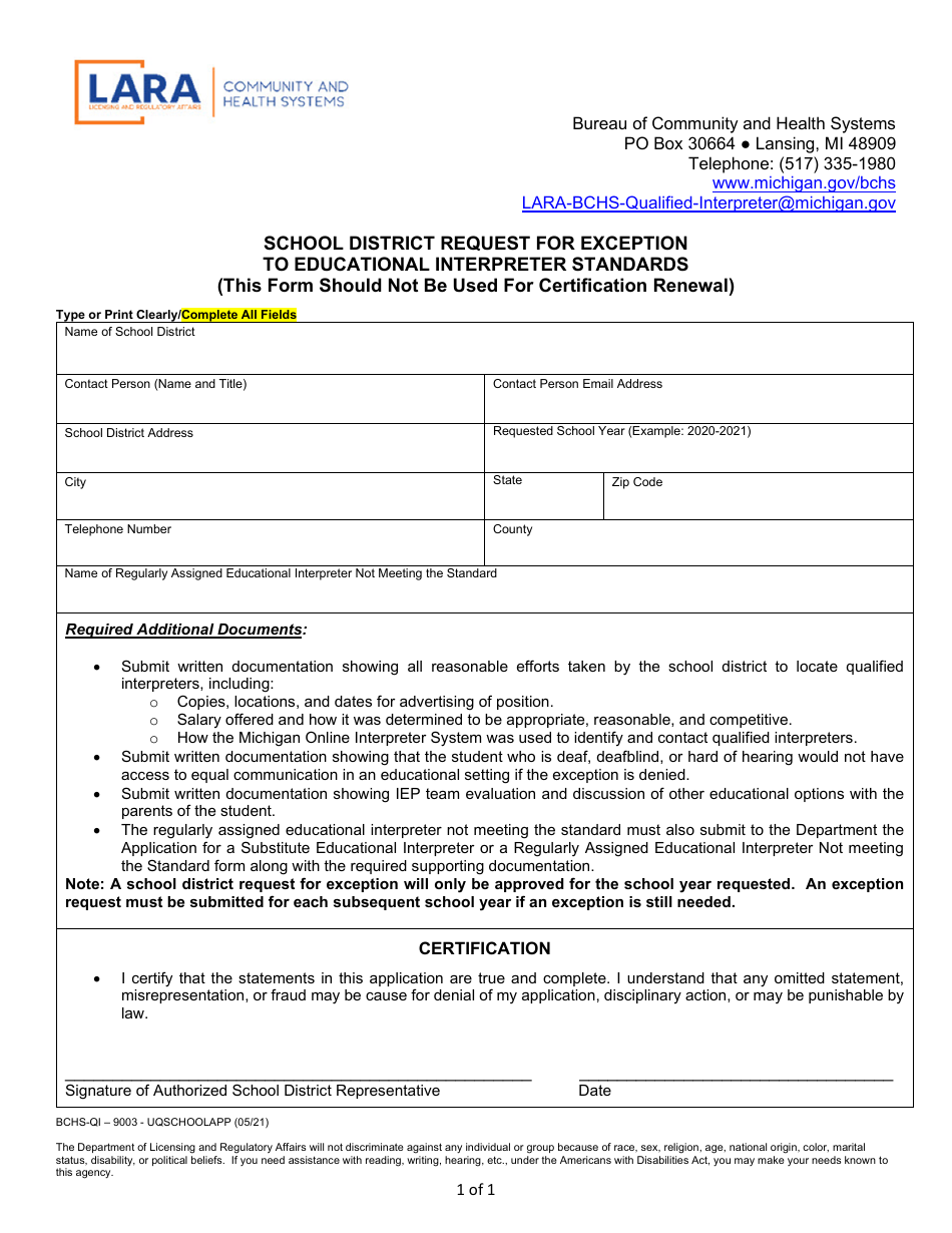 Form BCHS-QI-9003 School District Request for Exception to Educational Interpreter Standards - Michigan, Page 1