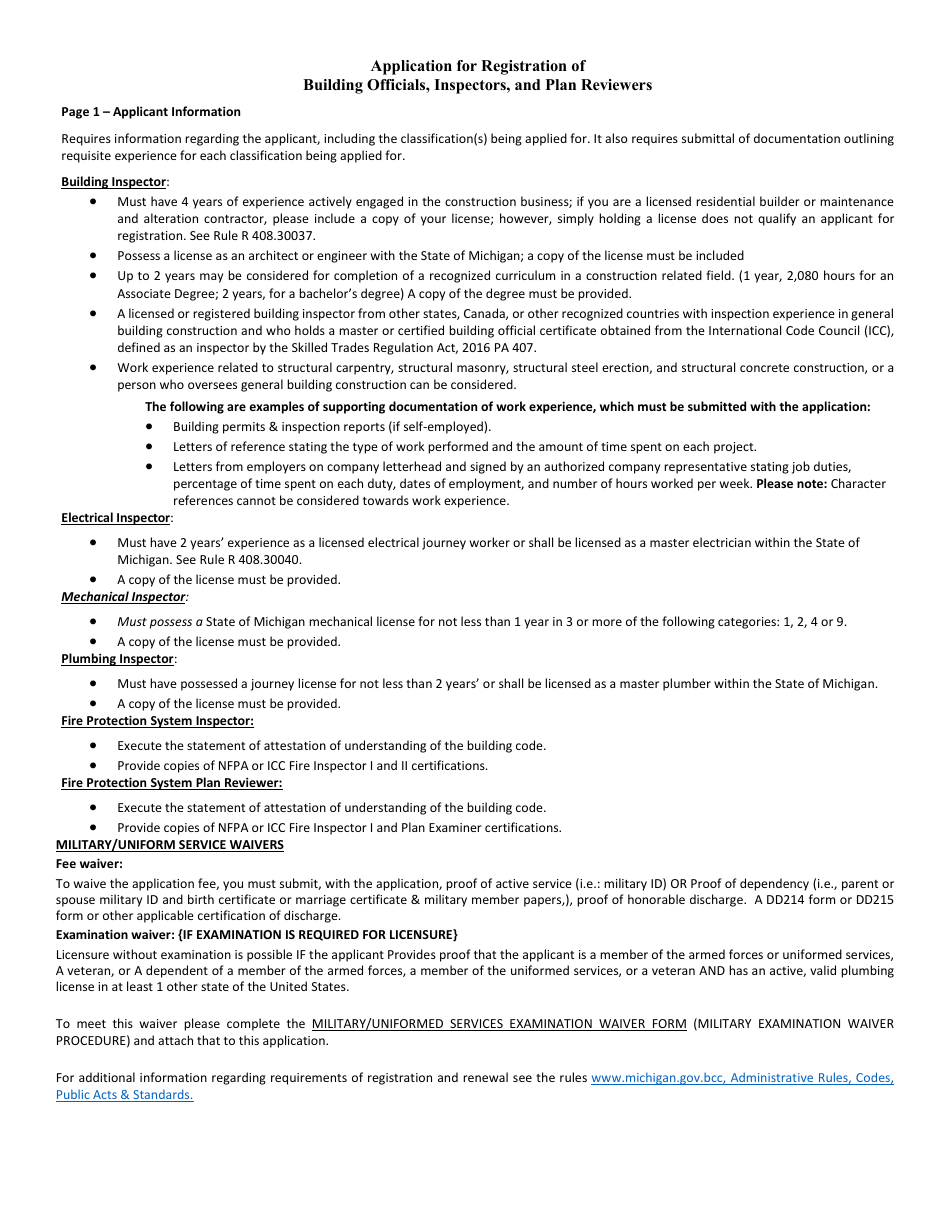 Form BCC-320 Application for Registration of Building Officials, Inspectors and Plan Reviewers - Michigan, Page 1