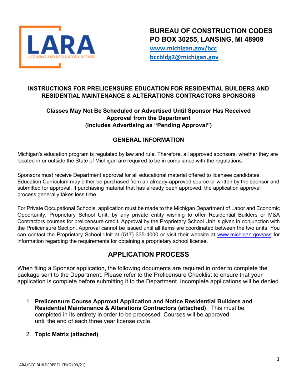 Prelicensure Course Approval Application and Notice - Residential Builders and Residential Maintenance  Alterations Contractors - Michigan, Page 1