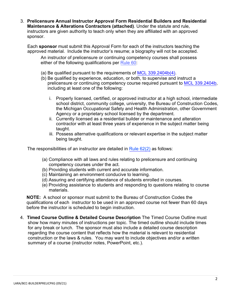 Prelicensure Course Approval Application and Notice - Residential Builders and Residential Maintenance  Alterations Contractors - Michigan, Page 2
