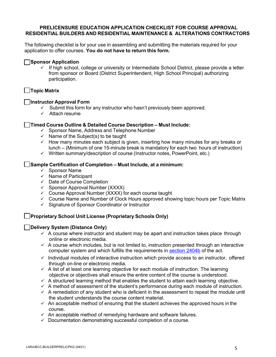 Prelicensure Course Approval Application and Notice - Residential Builders and Residential Maintenance  Alterations Contractors - Michigan, Page 5