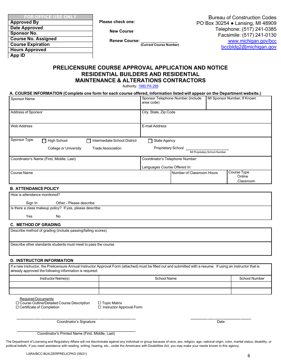 Prelicensure Course Approval Application and Notice - Residential Builders and Residential Maintenance  Alterations Contractors - Michigan, Page 6