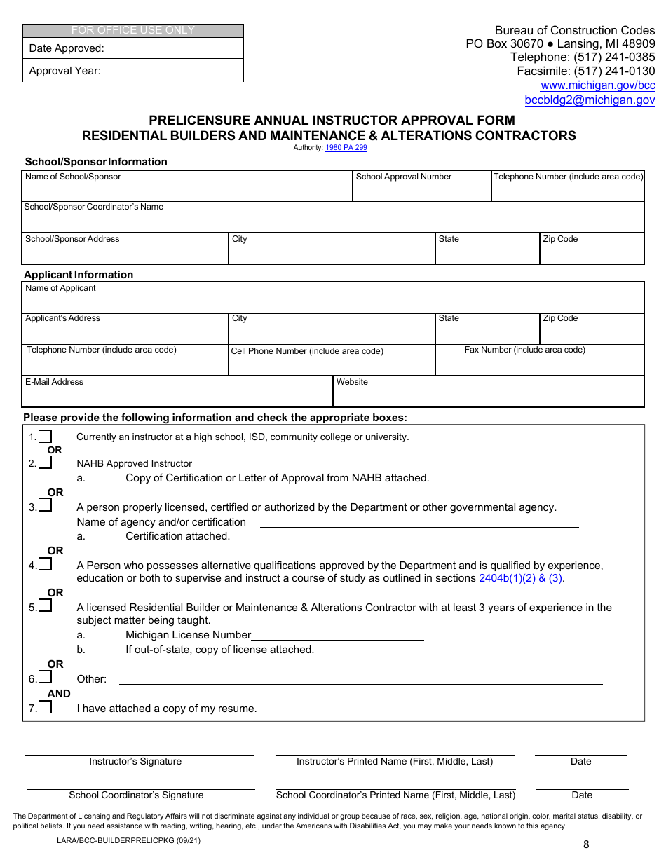 Prelicensure Course Approval Application and Notice - Residential Builders and Residential Maintenance  Alterations Contractors - Michigan, Page 8
