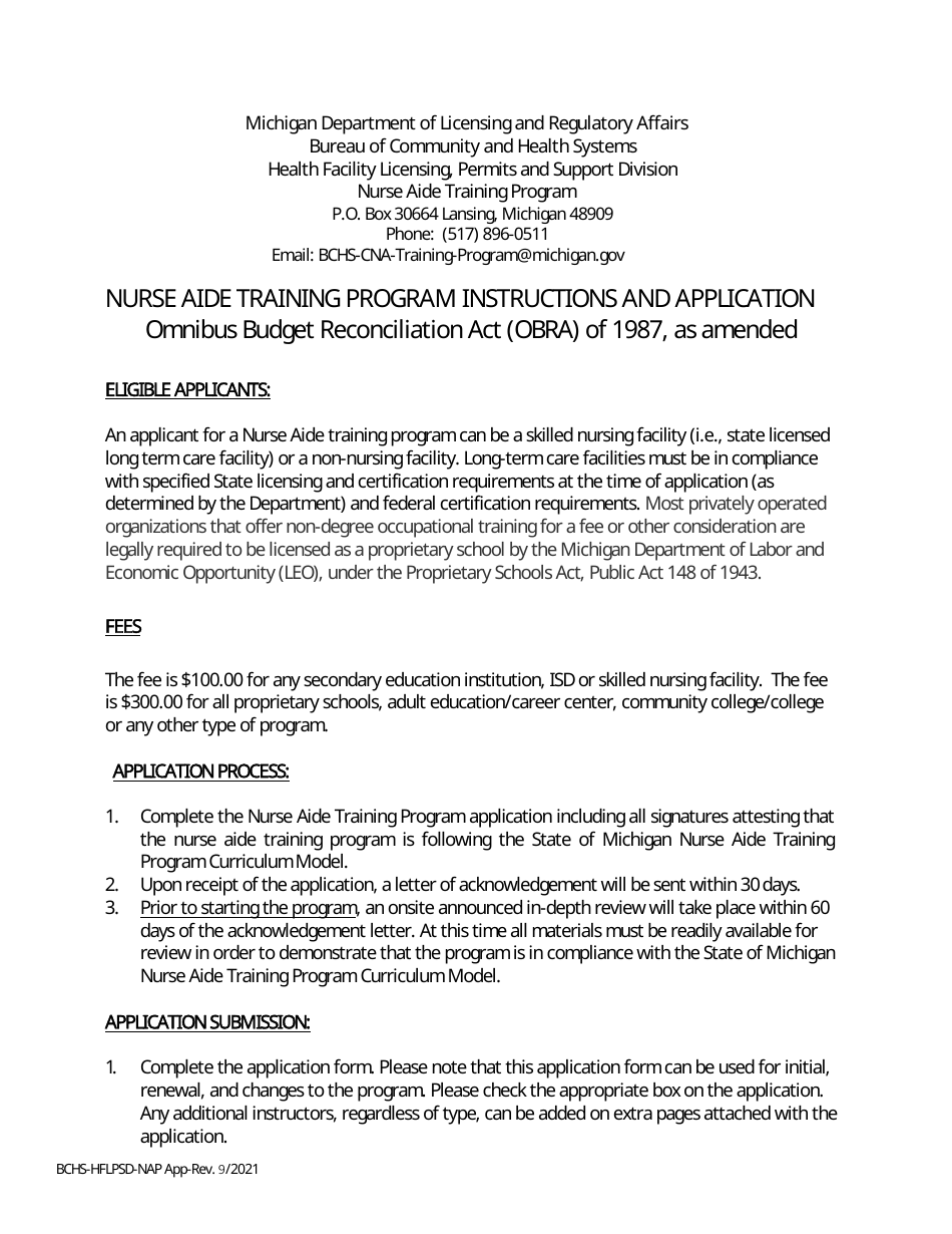 Nurse Aide Training Program Application - Michigan, Page 1