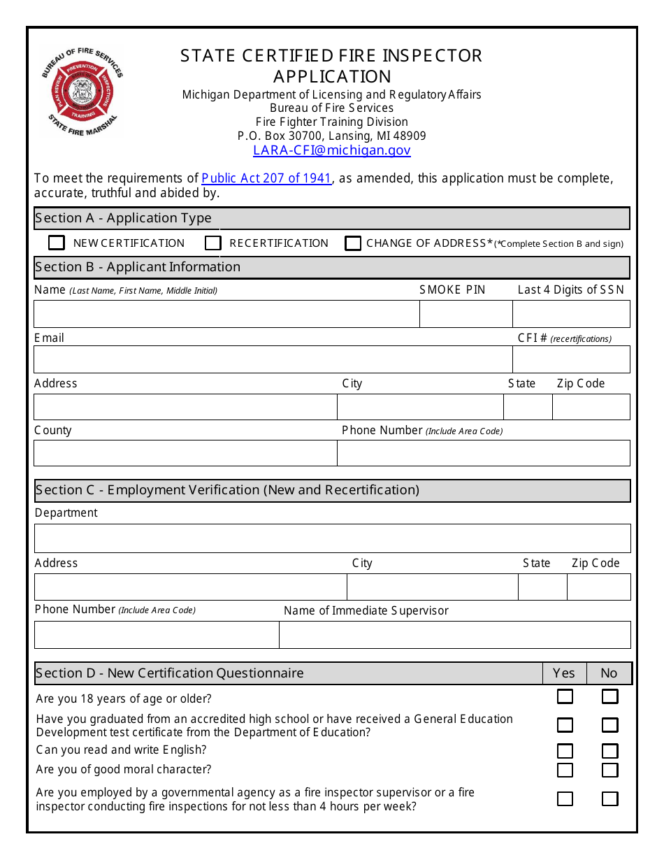 State Certified Fire Inspector Application - Michigan, Page 1