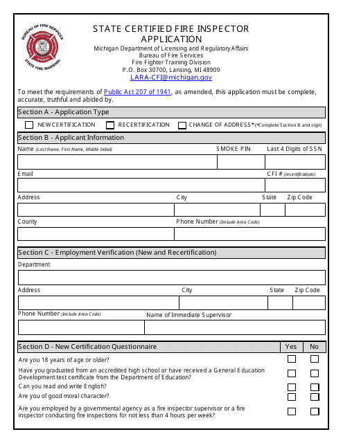 State Certified Fire Inspector Application - Michigan Download Pdf