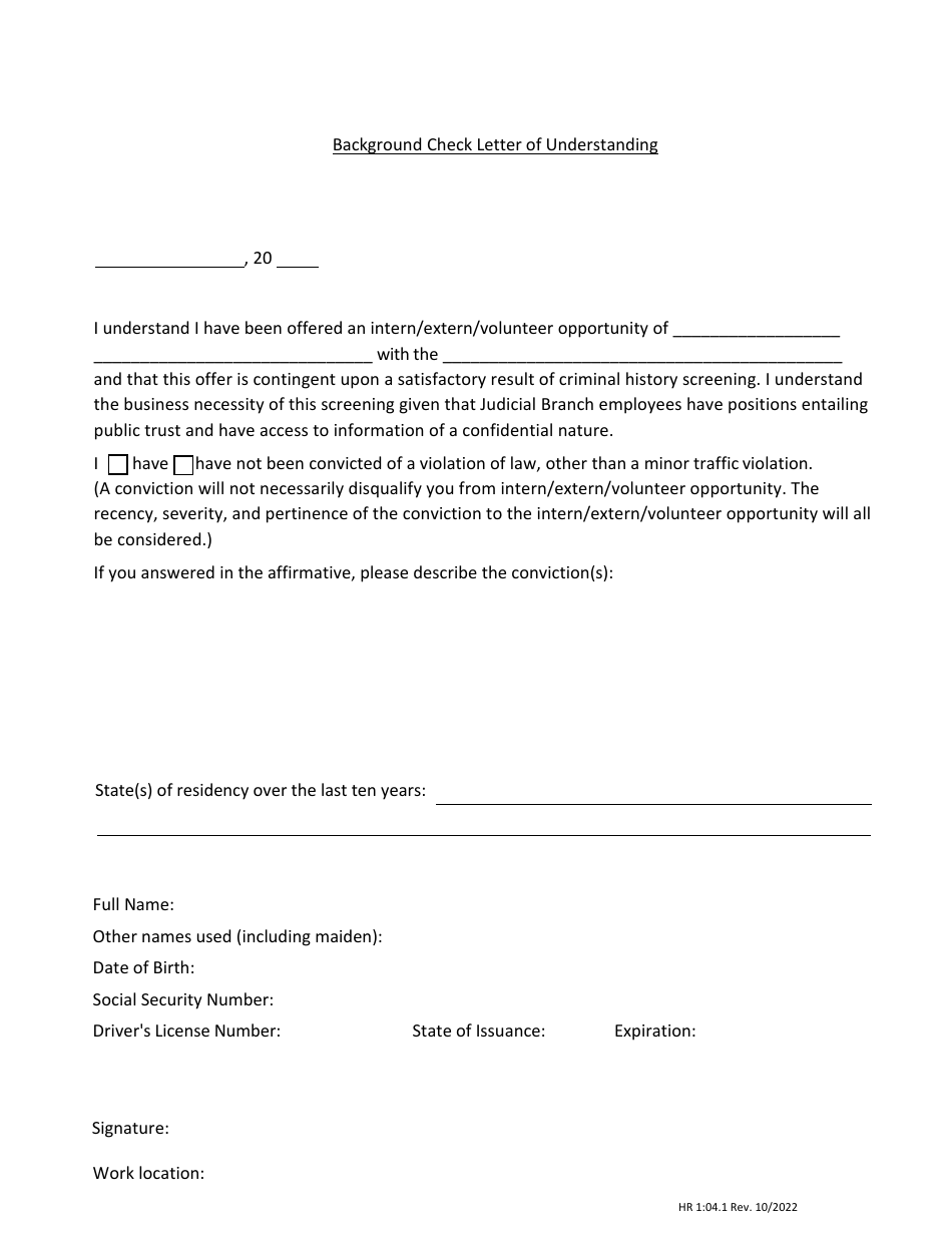 Form HR1:04.1 Background Check Letter of Understanding - Nebraska, Page 1