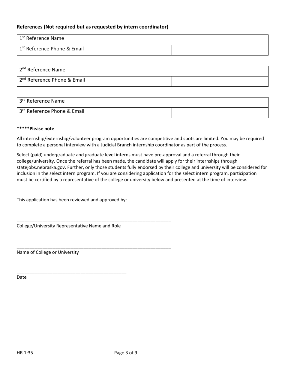 Form HR1:35 Application for Internship, Externship or Volunteer Opportunity - Nebraska, Page 3