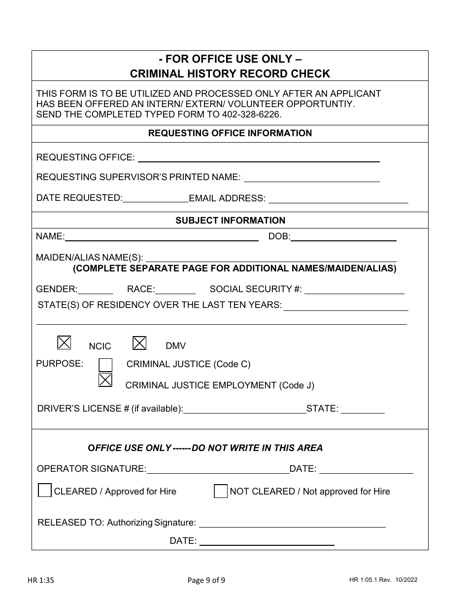 Form HR1:35 Application for Internship, Externship or Volunteer Opportunity - Nebraska, Page 9