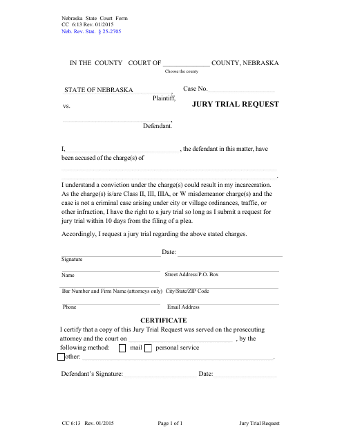 Form CC6:13 Jury Trial Request - Nebraska
