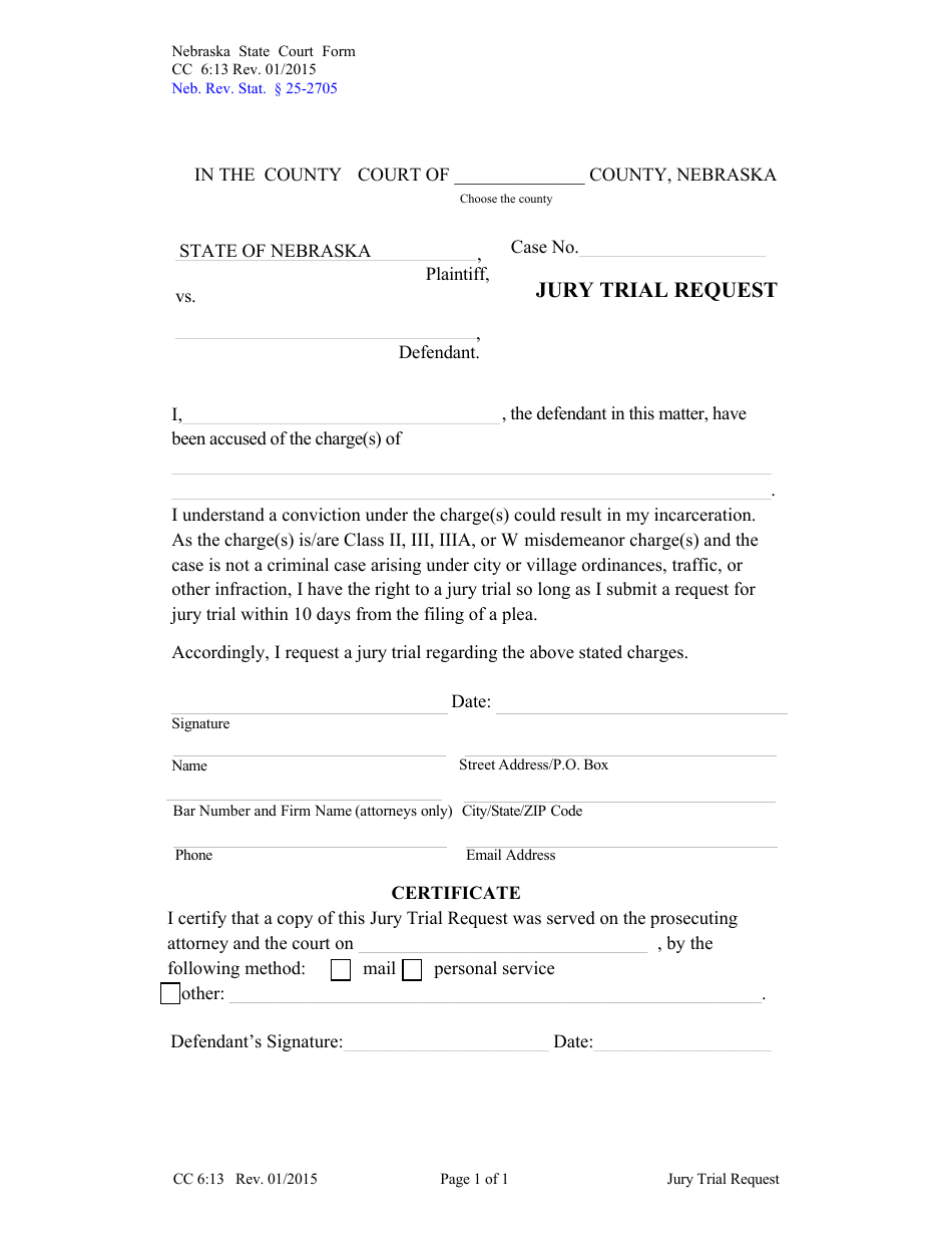 Form CC6:13 Jury Trial Request - Nebraska, Page 1