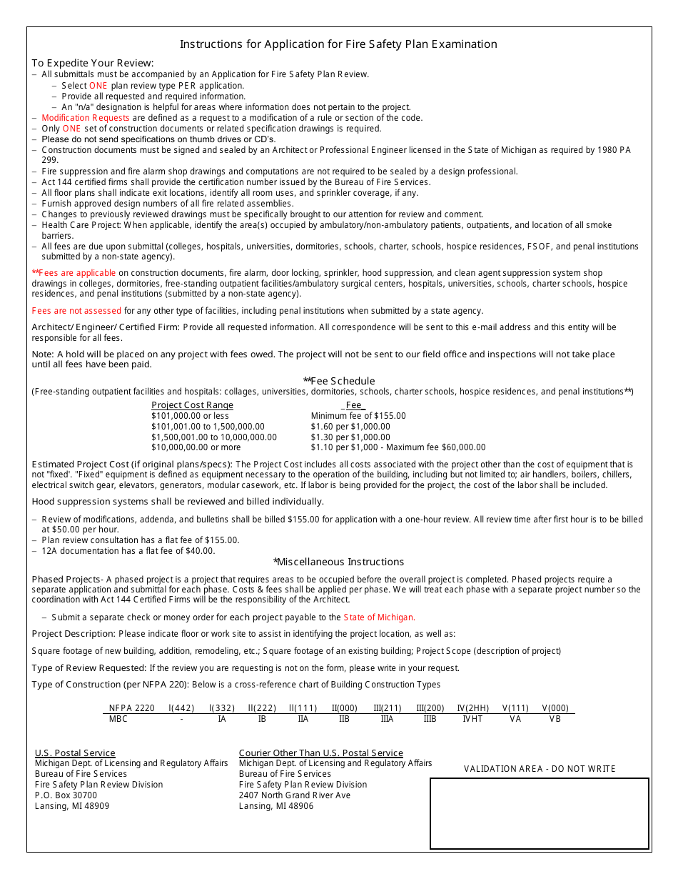 Form BFS-979 Application for Fire Safety Plan Examination - Michigan, Page 1