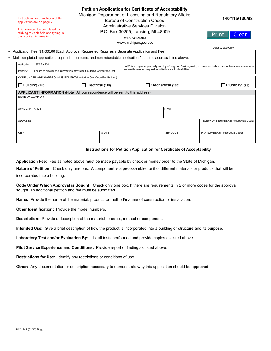 Form BCC-247 Petition Application for Certificate of Acceptability - Michigan, Page 1