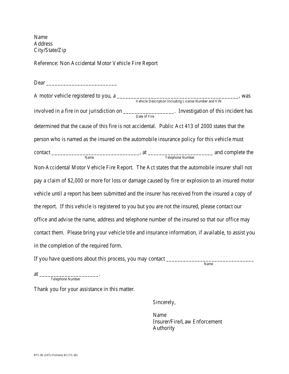 Form BFS-3B Motor Vehicle Fire Report Letter - Michigan, Page 1