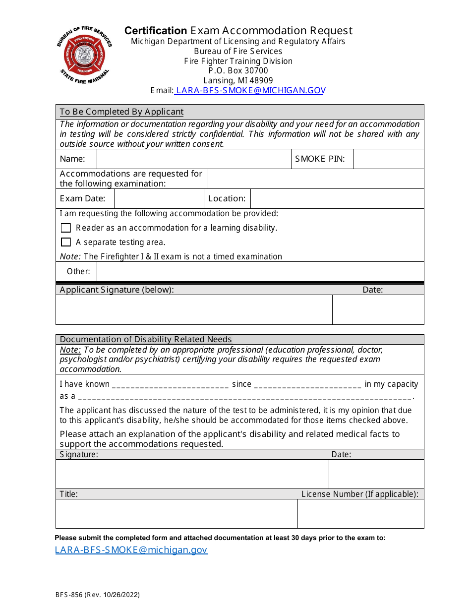 Form BFS-856 Certification Exam Accommodation Request - Michigan, Page 1