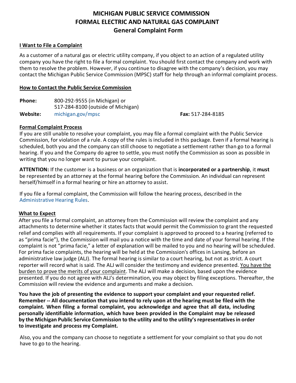Formal Electric and Natural Gas Complaint - Michigan, Page 1