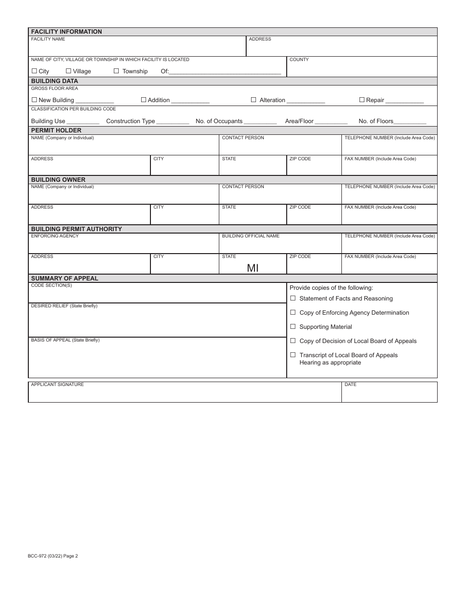 Form BCC-972 Application for Construction Code Appeal - Michigan, Page 2