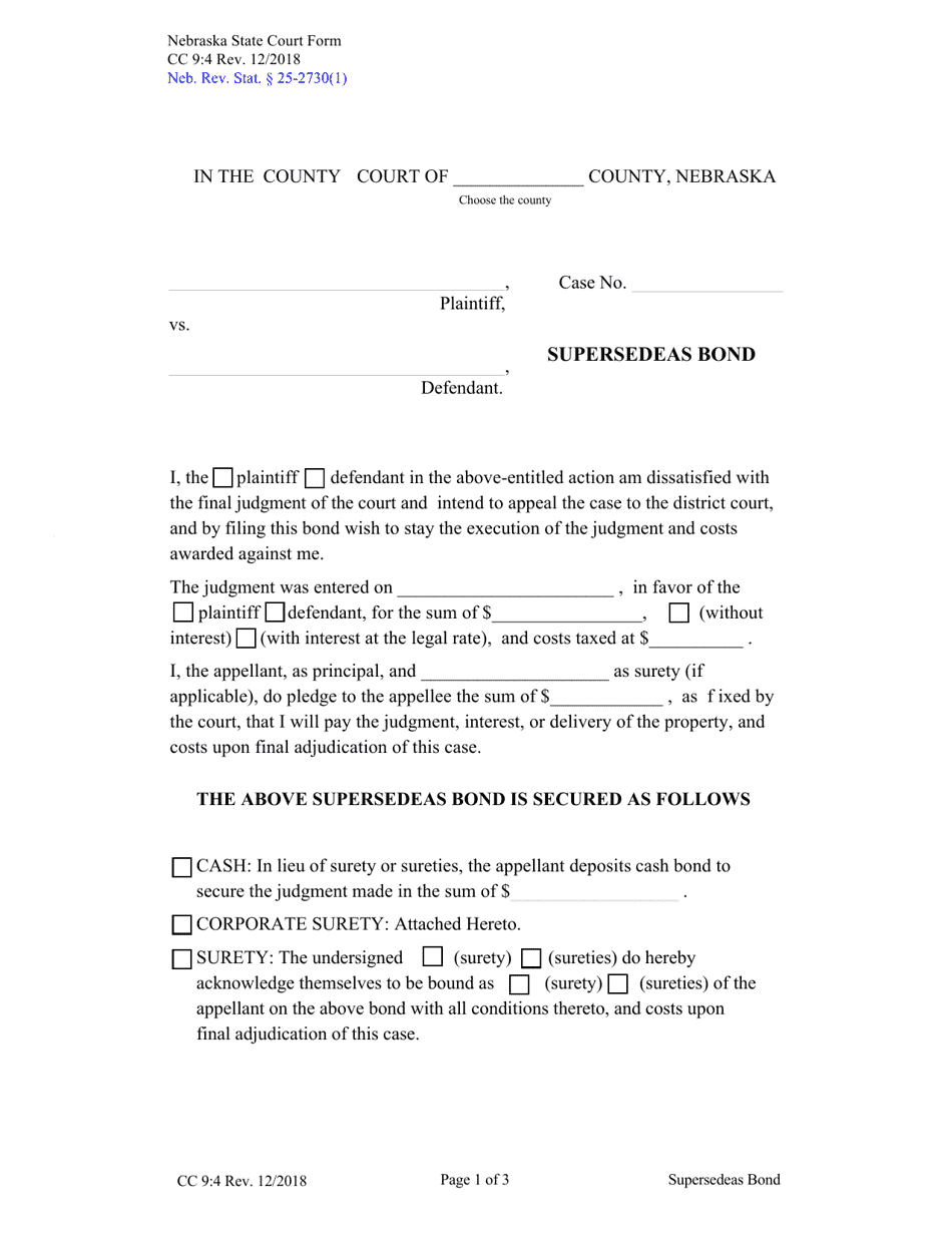 Form CC9:4 Download Fillable PDF or Fill Online Supersedeas Bond ...