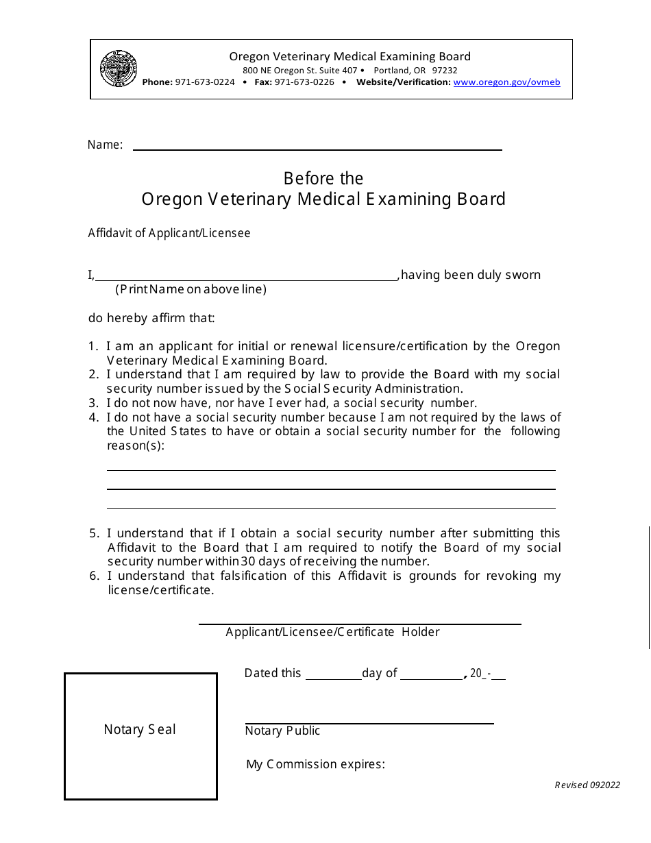 Affidavit of Applicant / Licensee - Oregon, Page 1